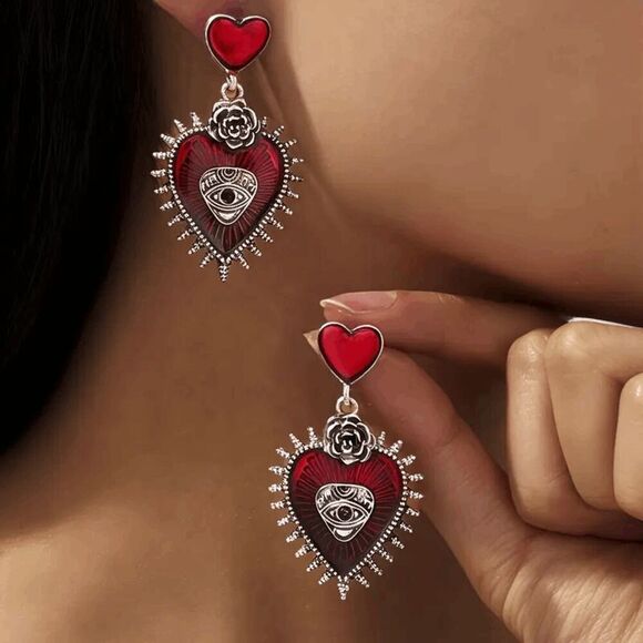 Evil Eye Red Rose Heart Earrings - Picture 1 of 6